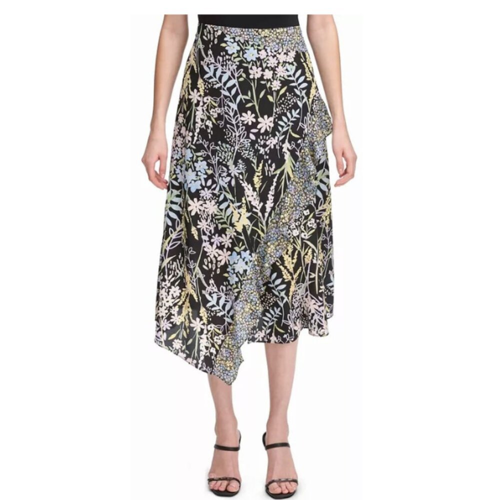 Calvin Klein Ruffle-Trim  A-line Midi Skirt Size- 14 Black /Multicolor Floral